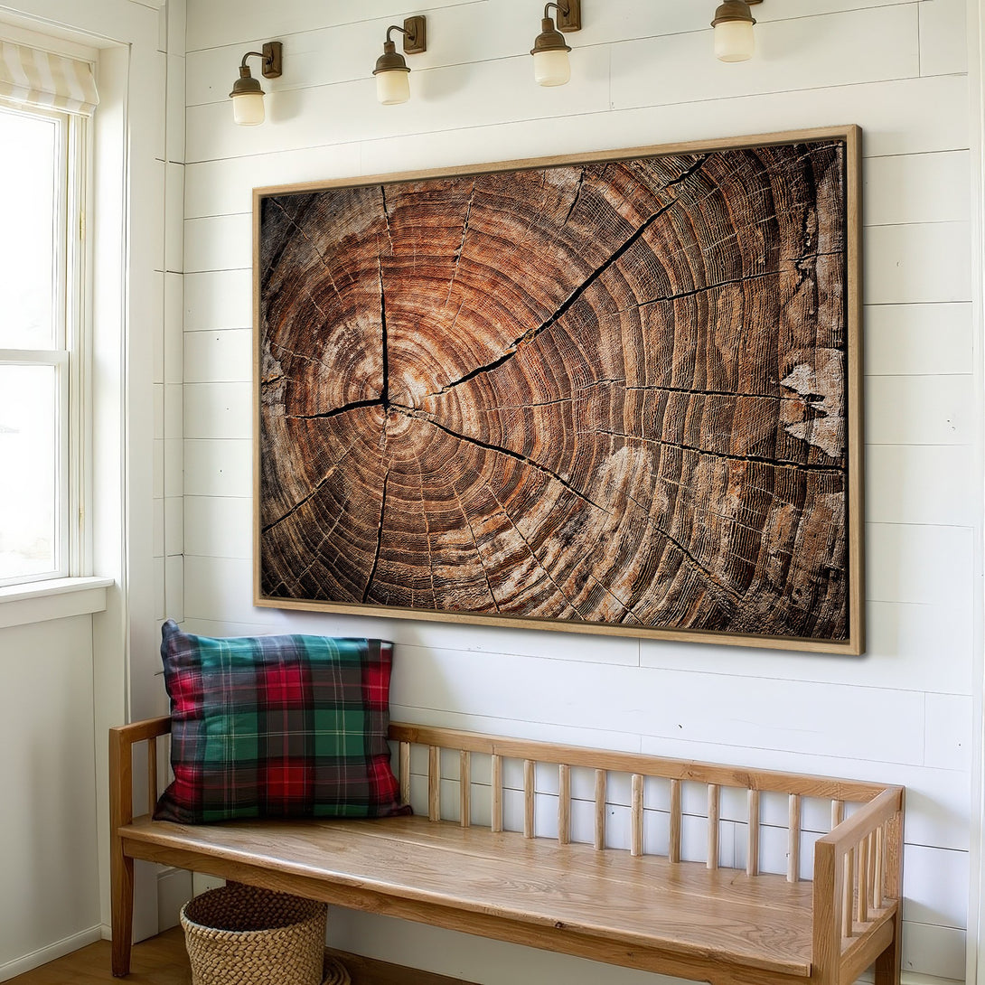 Framed Wall Art: Rustic wood slice print with warm brown tones. Adds natural style to any space. Perfect for farmhouse or modern decor.