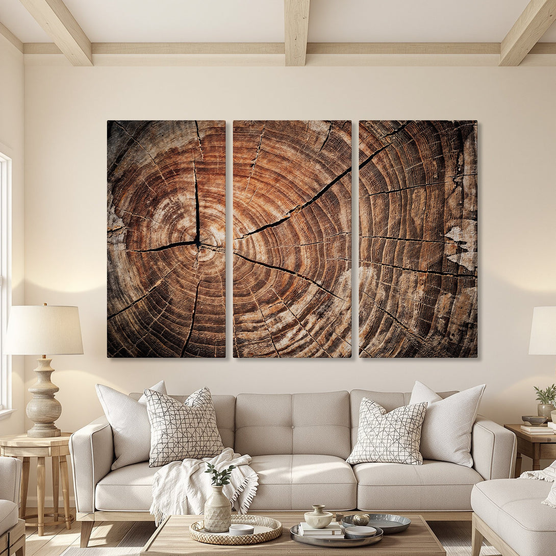 Canvas Print of a tree trunk slice, rustic style with warm brown tones, displayed in a living room setting. Perfect for adding natural decor.