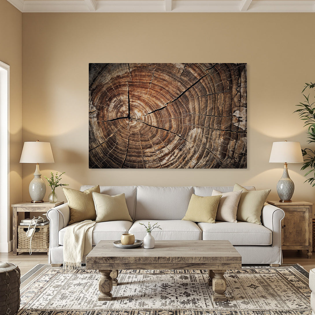 Framed Wall Art: Rustic wood slice art in warm brown tones. Perfect for adding a touch of nature to your home decor. Shop now!