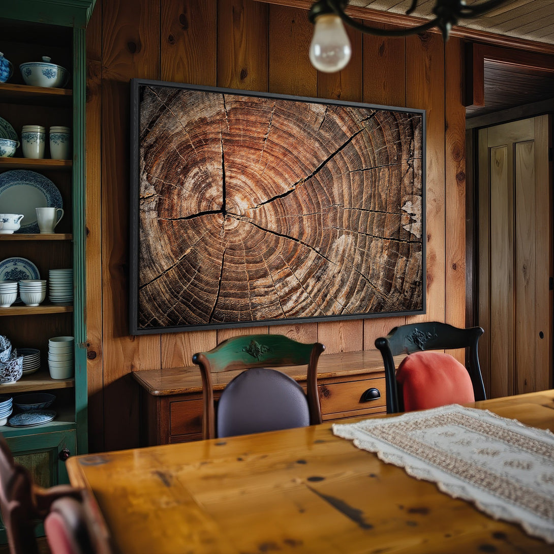 Framed Wall Art: Rustic wood slice print in warm brown tones. Perfect for adding natural style to your dining room!
