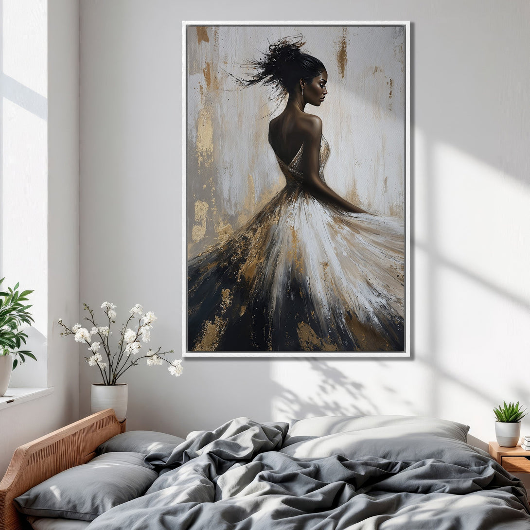 Framed Wall Art of elegant woman in abstract style. Gold, black, and white color palette. Perfect bedroom decor. Shop now!