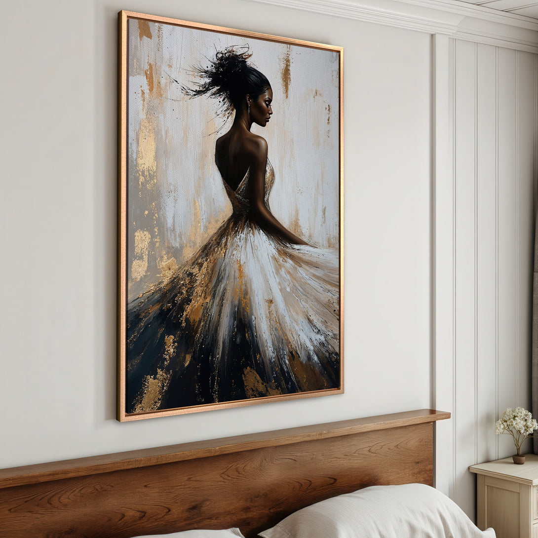 Framed Wall Art: Abstract painting of woman in a dress. Gold, black, and white color palette. Modern art for home decor.