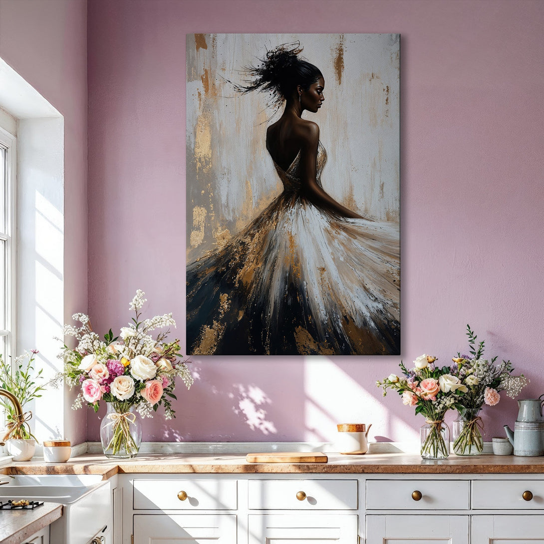 Framed Wall Art featuring an elegant woman in a flowing gown, abstract style with gold, black, and white tones, perfect for living room decor.