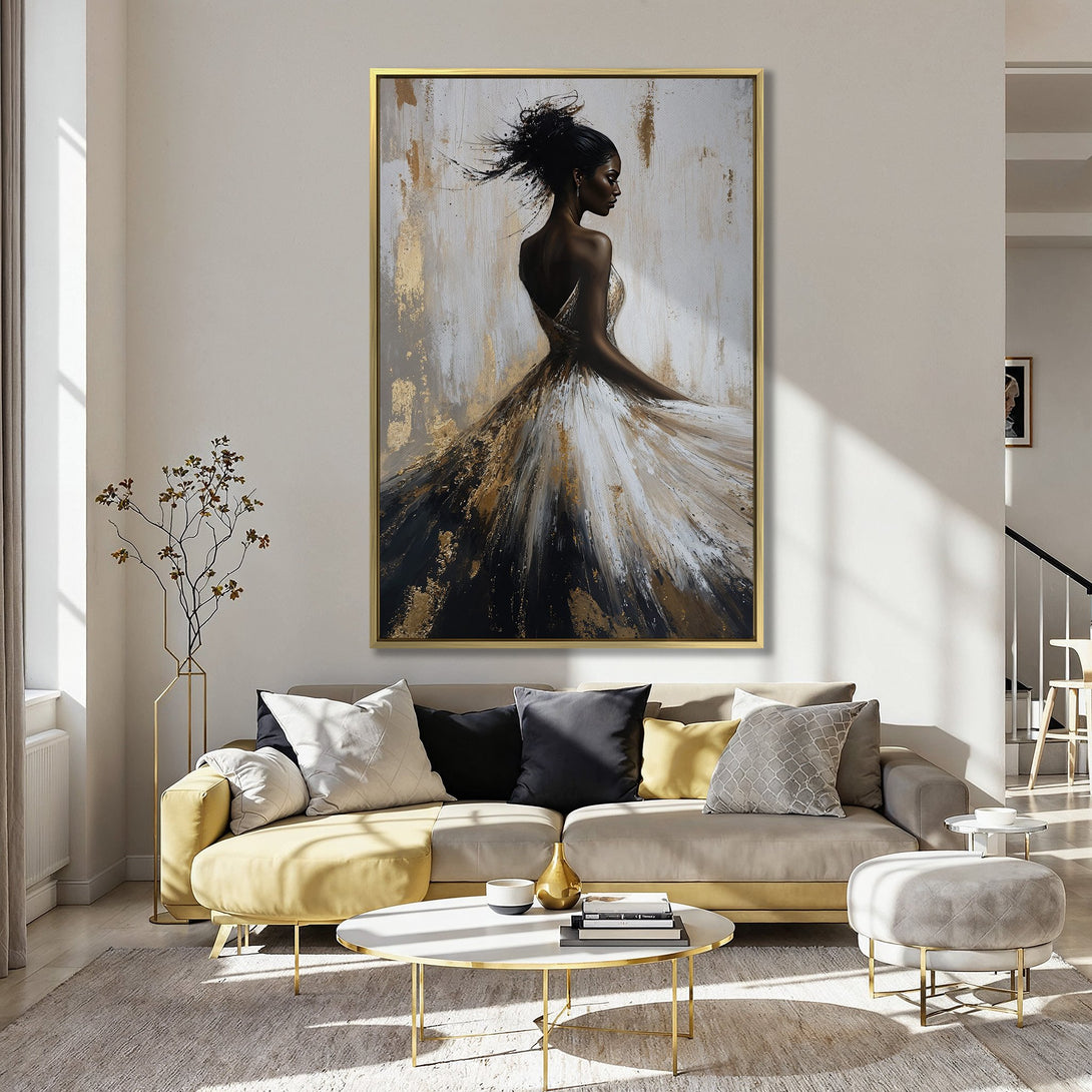 Canvas Print of elegant woman in a flowing gown, abstract style, featuring gold, black, and white tones. Perfect for adding sophistication to your space.