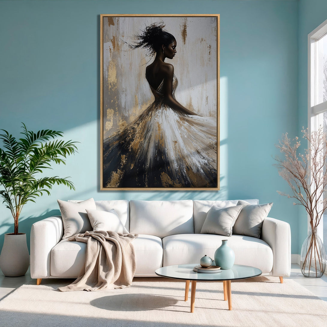 Framed Wall Art: Abstract portrait of a woman in a flowing dress, gold and black accents, displayed in a modern living room with a teal wall.