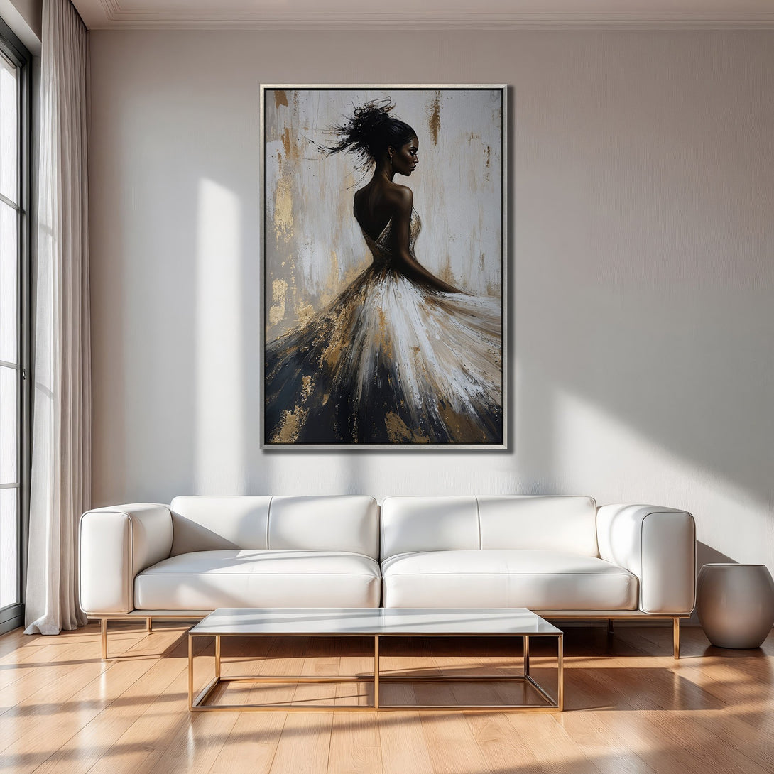 Framed Wall Art: Abstract portrait of a woman in a flowing gown. Neutral palette with gold accents. Perfect for modern home decor.