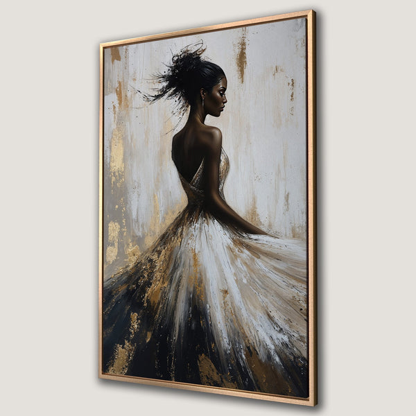 Framed Wall Art: Elegant woman in a flowing dress, abstract painting in black, white, and gold. Perfect for adding a touch of luxury.