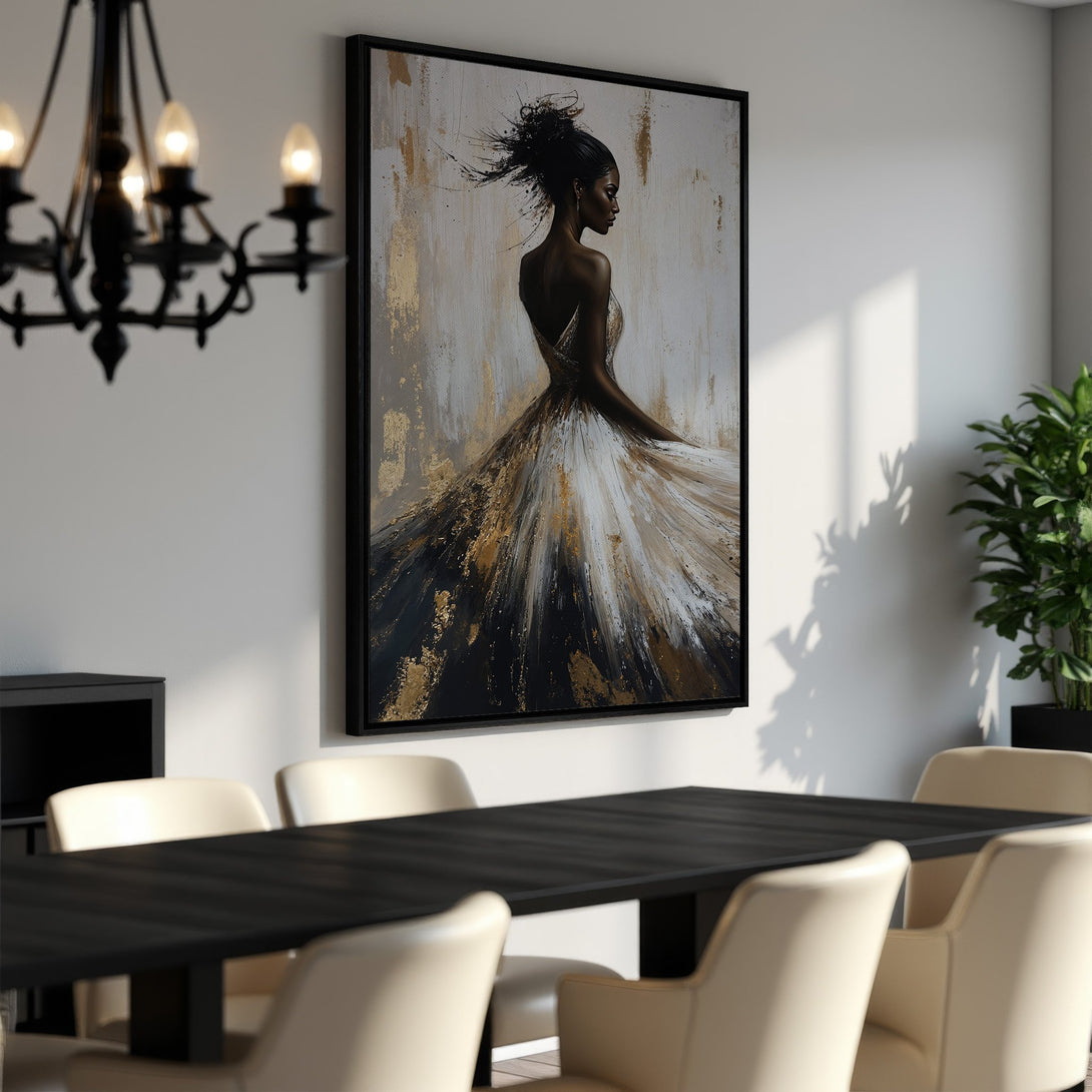 Framed Wall Art: Elegant woman in a flowing gown, abstract painting with gold, black, and white accents. Perfect for dining room decor.