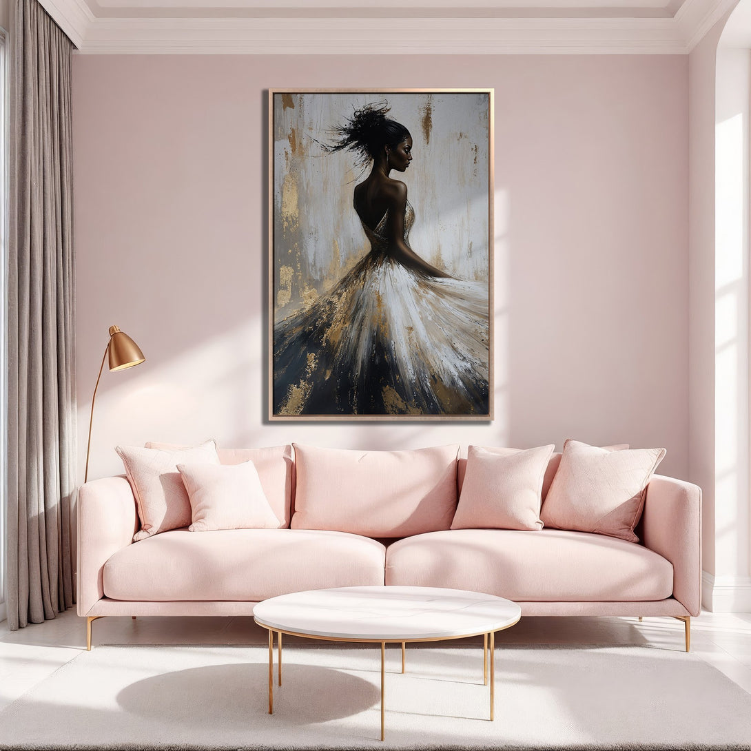 Framed Wall Art: Elegant woman in a flowing gown, abstract style, gold & black accents, displayed in a modern living room with a blush pink palette.