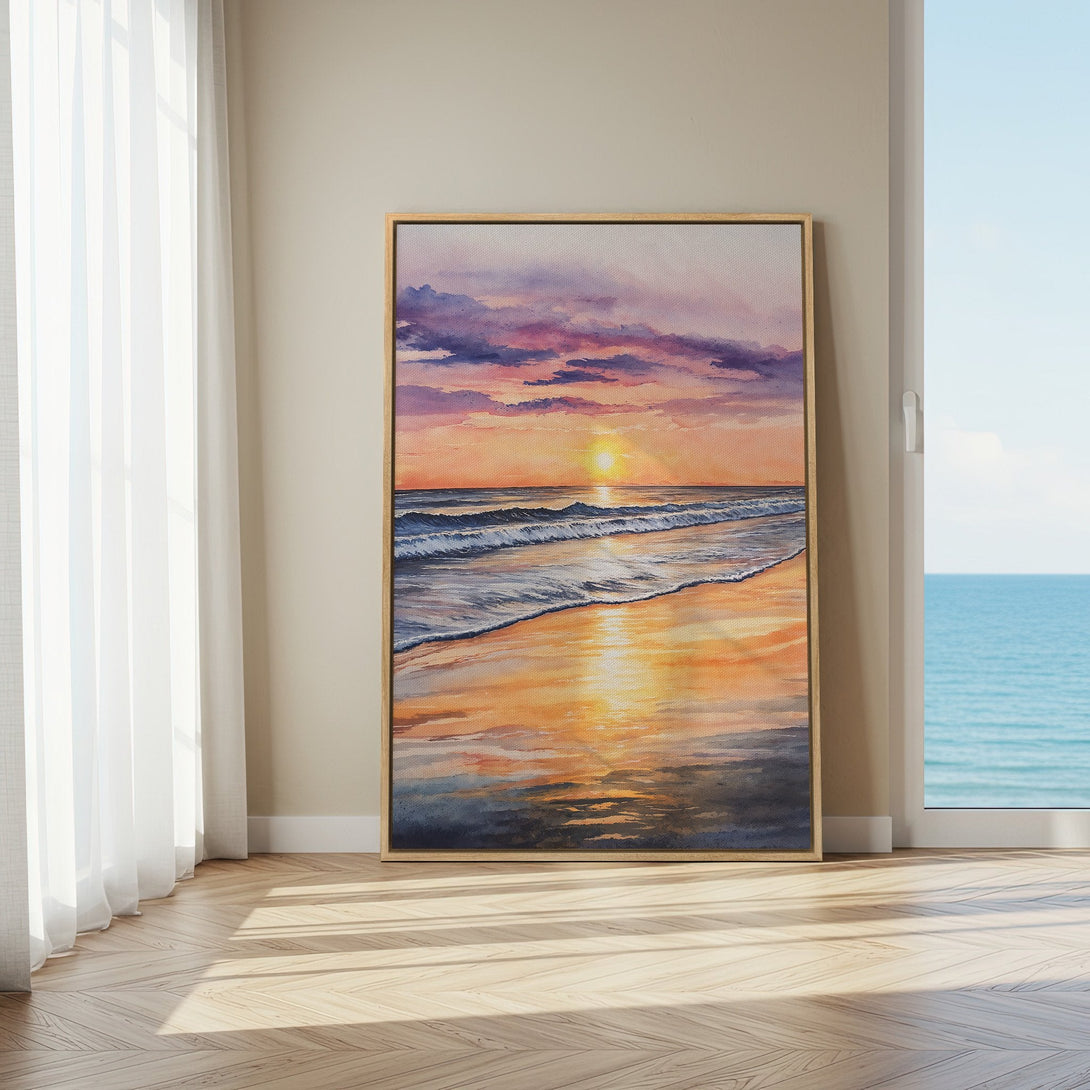 Framed Wall Art: Watercolor sunset Canvas Print with warm orange & purple hues. Coastal scene art for a serene home decor.