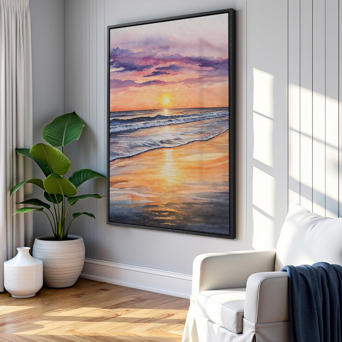 Framed Wall Art featuring a watercolor sunset over the ocean. Warm orange and purple hues create a serene beach scene, perfect for coastal decor.