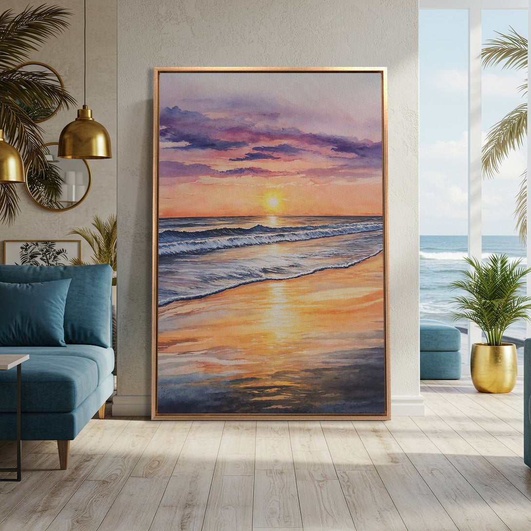 Framed Wall Art: Watercolor sunset beach scene in warm orange and purple tones. Coastal art for a serene home.