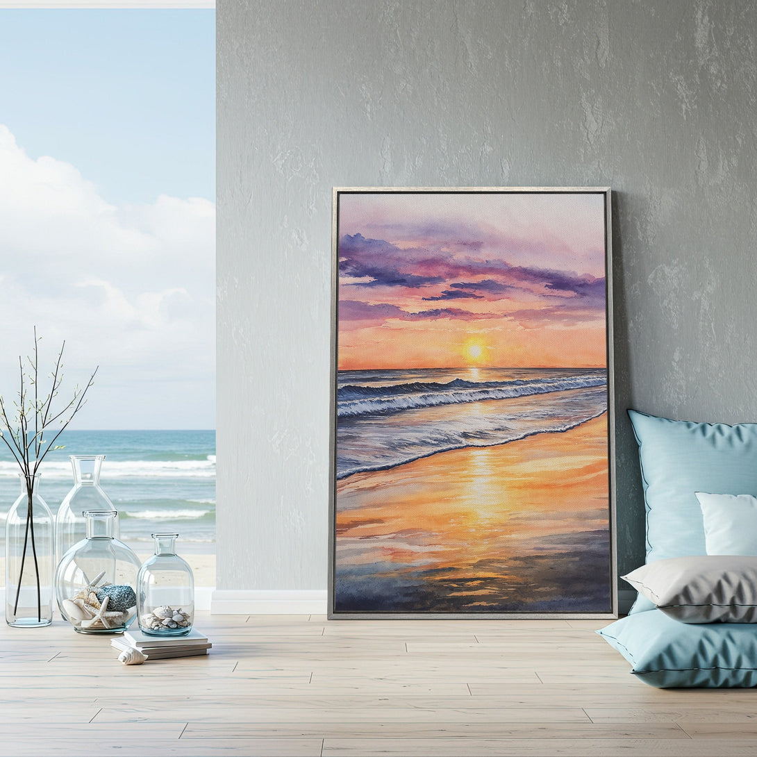 Framed Wall Art: Watercolor beach sunset in warm orange and purple hues. Coastal decor for a serene living room. Enhance your space with this beautiful artwork.