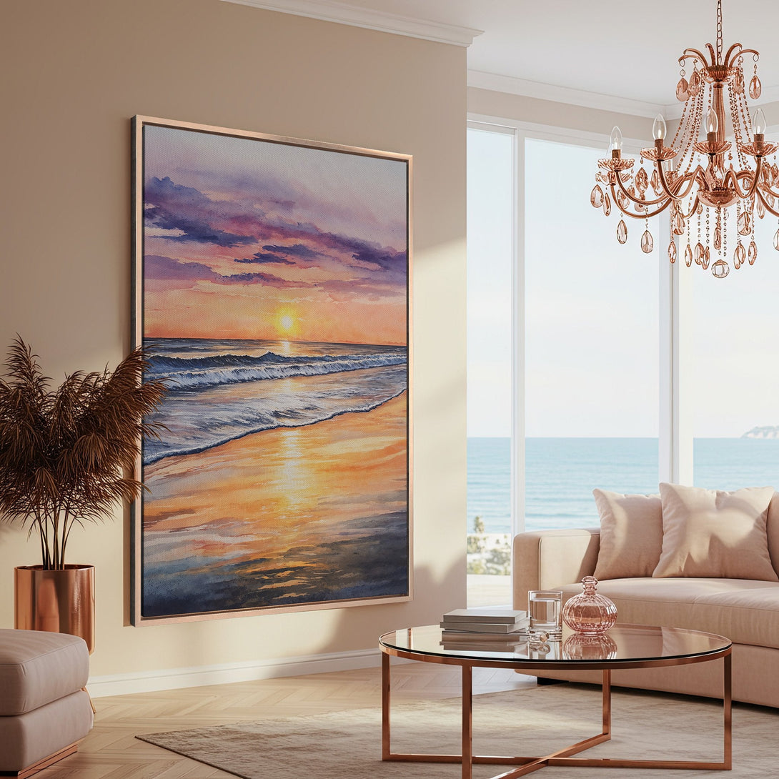 Framed Wall Art: Watercolor beach sunset canvas print in warm tones, perfect for coastal decor. Adds a touch of serenity and style to any space.