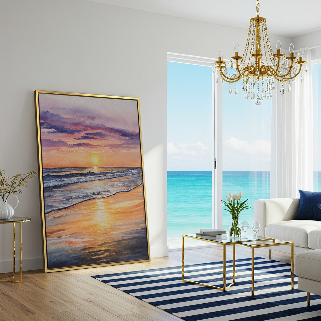 Canvas Print of a watercolor sunset over the ocean, in a modern interior. Features warm orange, purple, and blue hues. Perfect wall art!