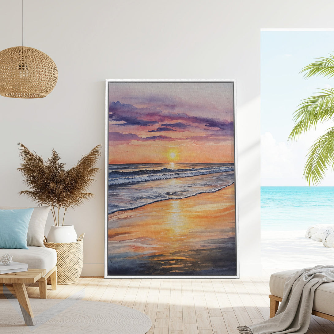Framed Wall Art of a serene beach sunset in watercolor style, featuring warm orange, purple, and blue hues. Perfect coastal decor for your home.