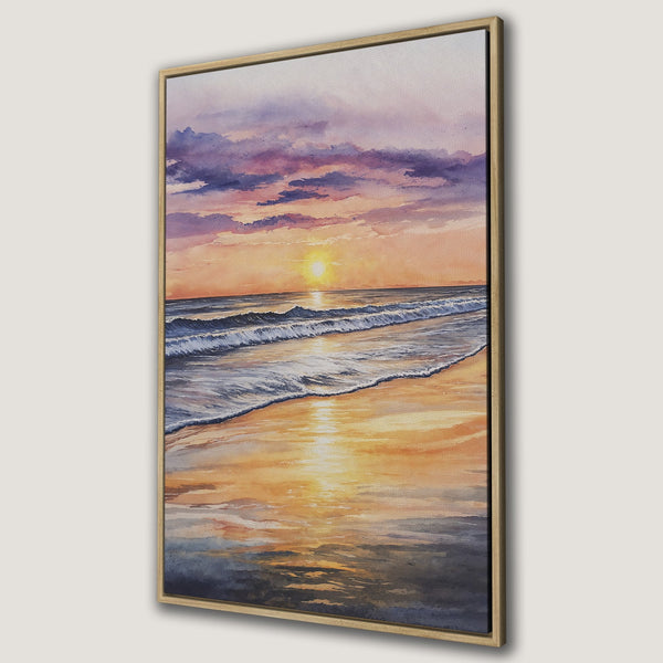 Framed Wall Art: Watercolor sunset beach scene in warm orange, purple, and blue hues. Coastal art Canvas Print for a serene, calming interior.