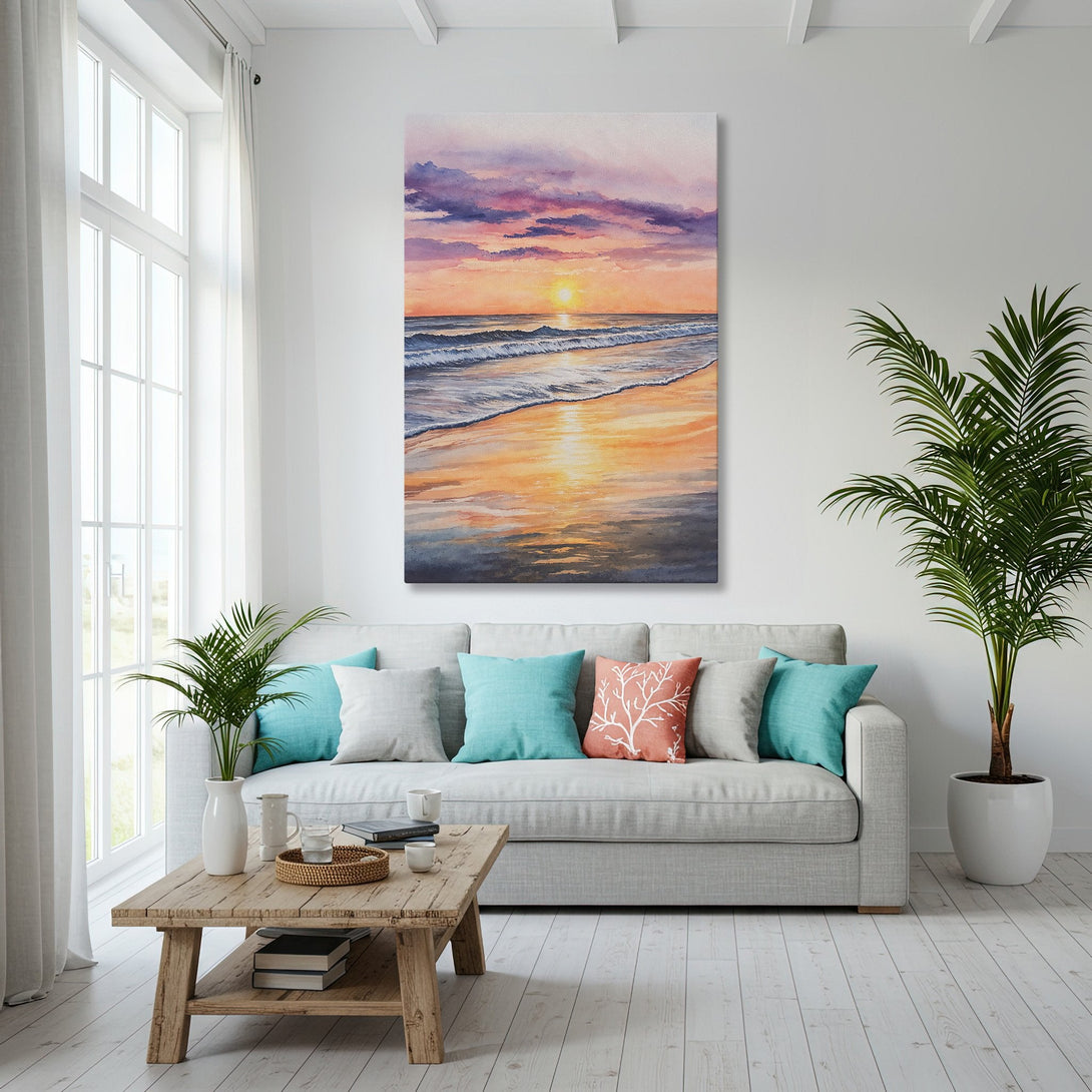 Framed Wall Art of a beach sunset in a modern interior. Warm orange, purple, and blue color palette. Enhance your space with this stunning Canvas Print.