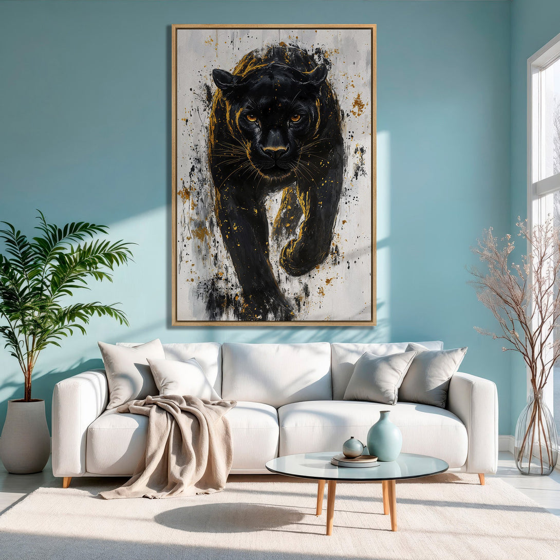 Framed Wall Art: Abstract black panther painting with gold accents. Modern art canvas print in a living room with blue, white, and neutral tones.