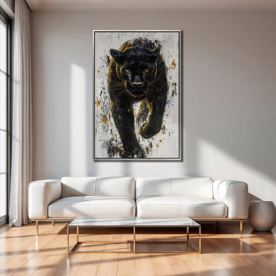 Framed Wall Art: Abstract black panther painting with gold accents. Modern canvas print in a neutral interior, featuring a striking black, white, and gold palette.