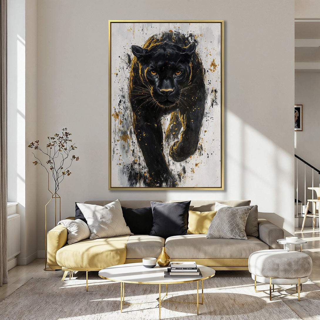 Canvas Print of a black panther in an abstract style, with gold accents on a white background. Perfect wall art for modern decor.
