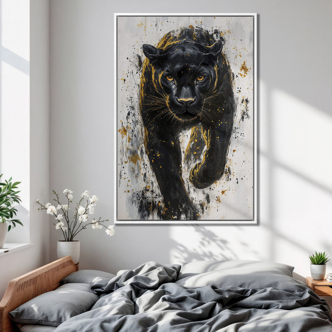 Framed Wall Art: Stunning black panther canvas print in a modern, abstract style with gold accents. Perfect wall decor for a bold, stylish bedroom.