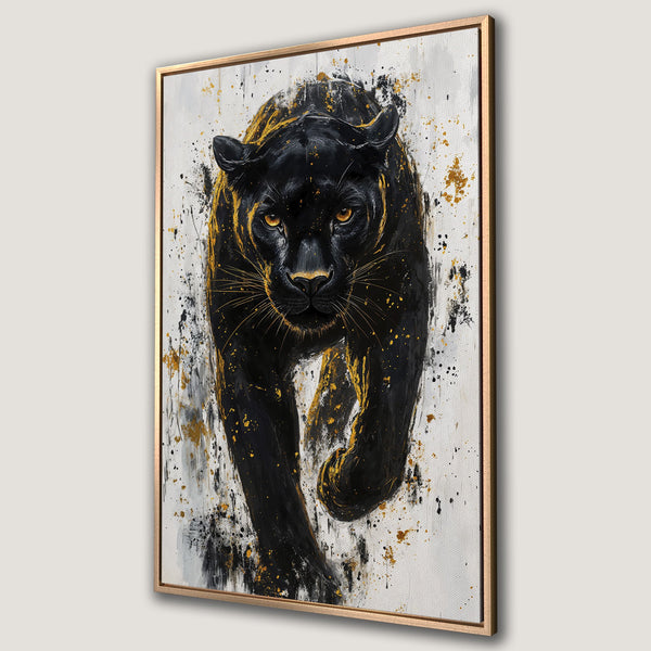 Framed Wall Art: Fierce black panther canvas print with gold accents on white background. Modern abstract art for home decor.