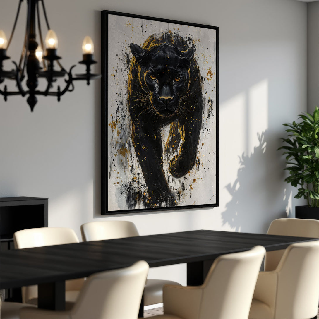 Framed Wall Art: Bold black panther canvas print with gold accents. Modern abstract style, striking black, white, and gold color palette. Elevate your space!
