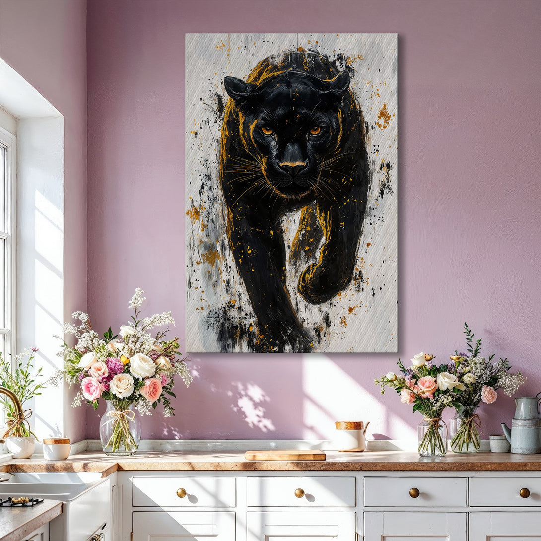 Framed Wall Art featuring a black panther in an abstract style with gold accents. Modern Canvas Print with a neutral and gold color palette.