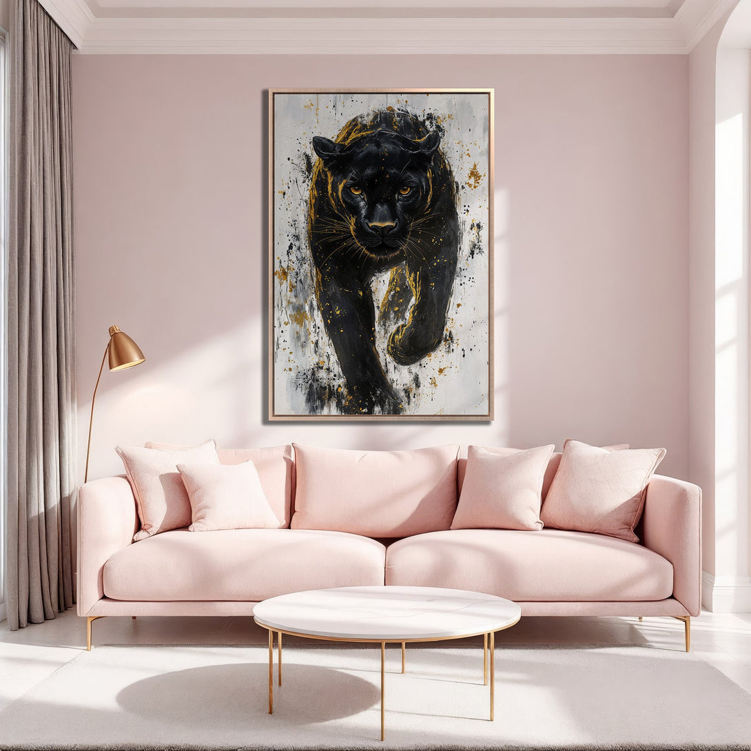 Framed Wall Art: Fierce black panther painting with gold accents. Modern abstract style, perfect for a stylish living room. Features pink, black, and gold color palette.
