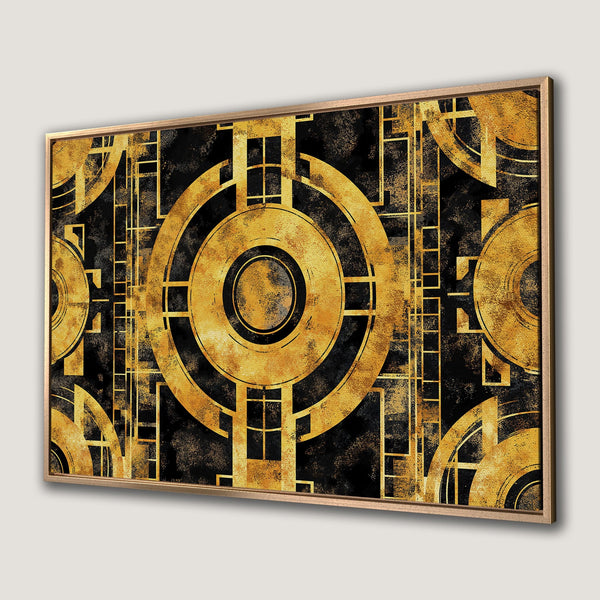 Framed Wall Art: Art Deco Canvas Print in gold and black. Geometric design adds a touch of luxury to any space. Shop now!