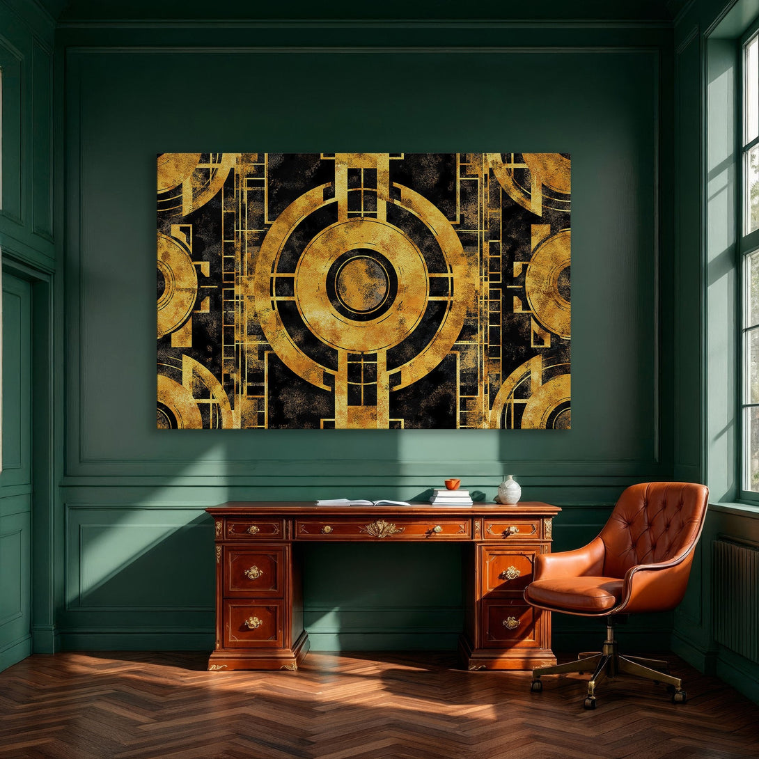 Framed Wall Art: Geometric gold and black abstract design canvas print, perfect for modern dining room decor.