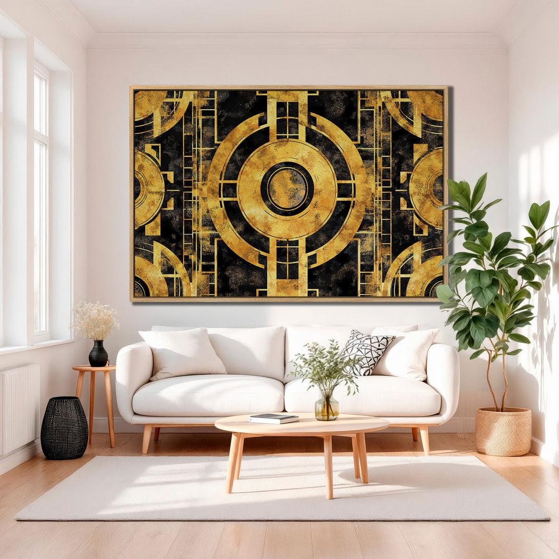 Framed Wall Art featuring an Art Deco geometric design in gold and black, perfect for modern home decor.