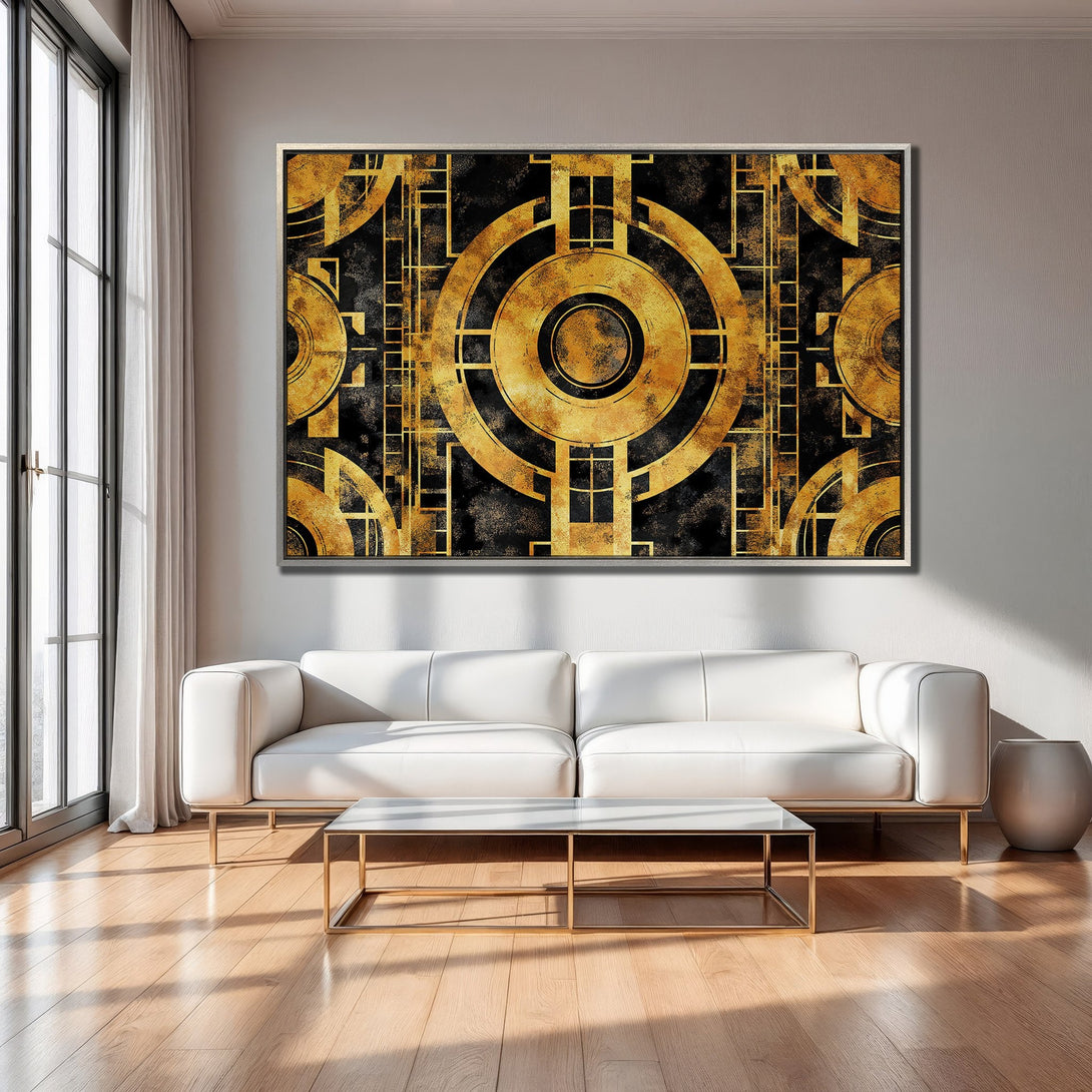 Framed Wall Art: Geometric gold and black art print. Modern abstract design adds a touch of luxury to any living room. Shop now!