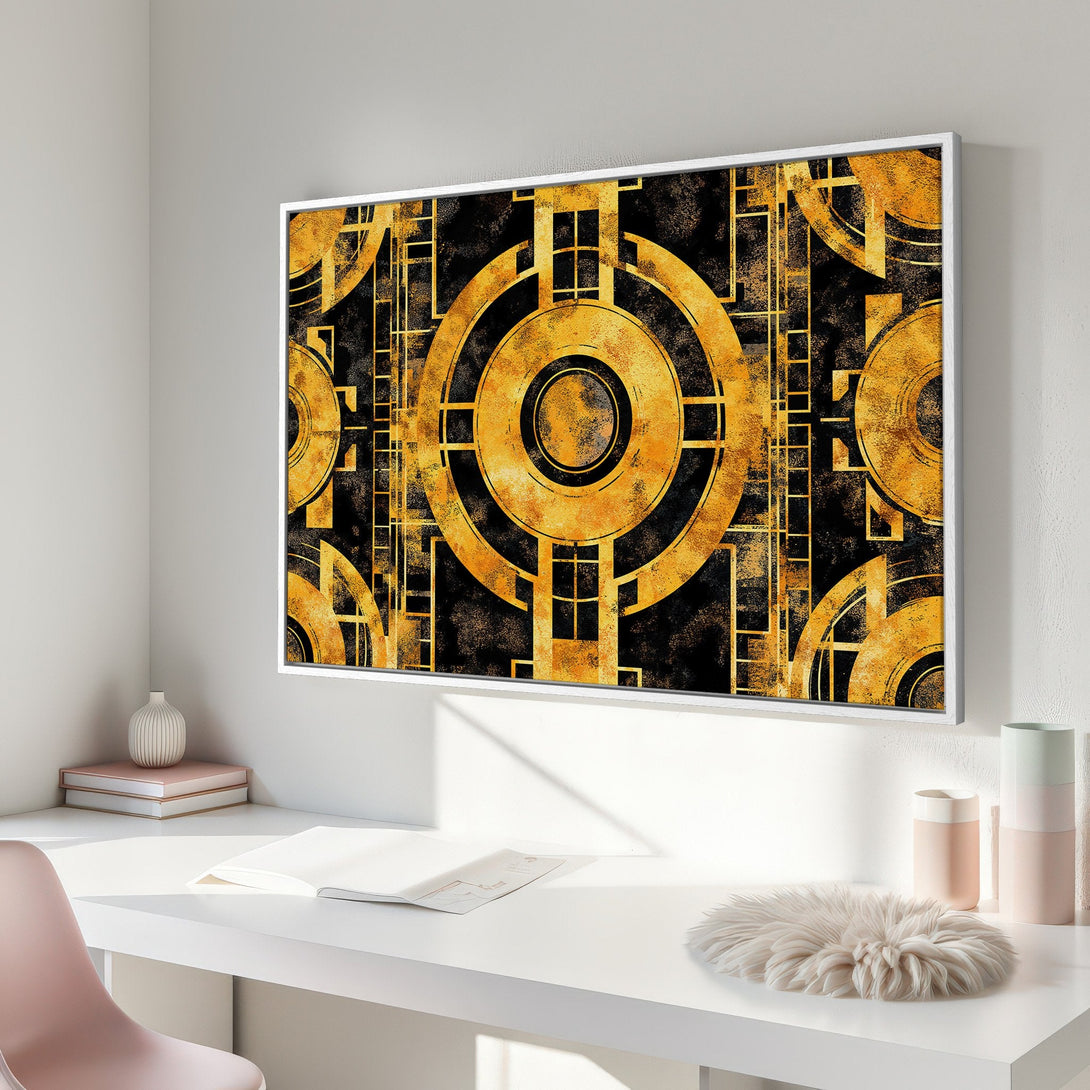 Framed Wall Art featuring an Art Deco design with gold and black geometric shapes. Modern wall decor for a stylish interior.