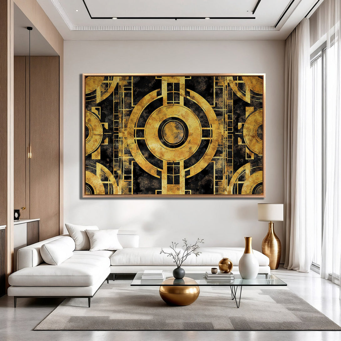 Framed Wall Art: Abstract geometric art print in gold and black, perfect for modern interiors. Enhance your space with this stylish canvas print!