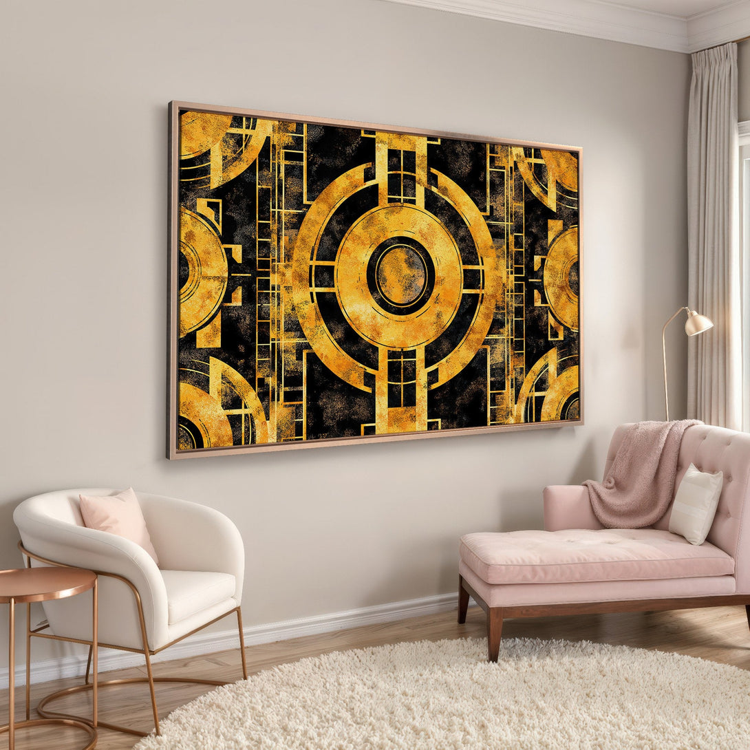Framed Wall Art: Abstract geometric design in gold and black. Modern decor with a luxurious feel. Perfect for living rooms and bedrooms.