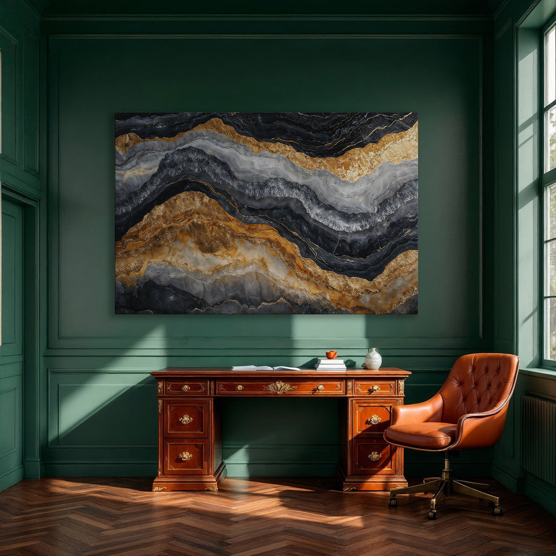 Framed Wall Art: Abstract gold and gray canvas print in a modern dining room. Enhance your decor with this stylish art piece!