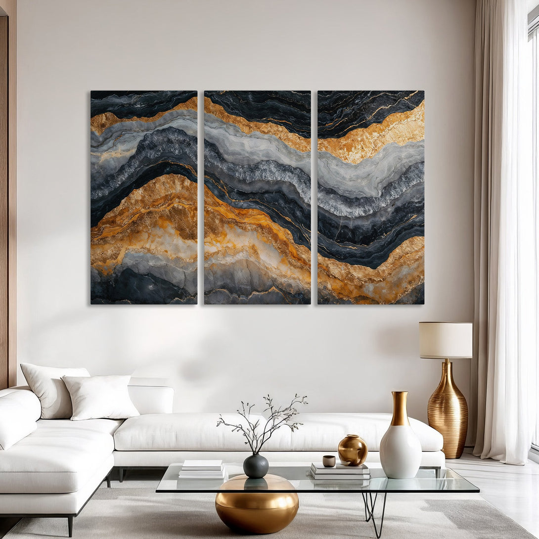 Abstract Canvas Print art in a modern interior. Features gold, gray, and black tones. Perfect for adding a touch of elegance to your home.