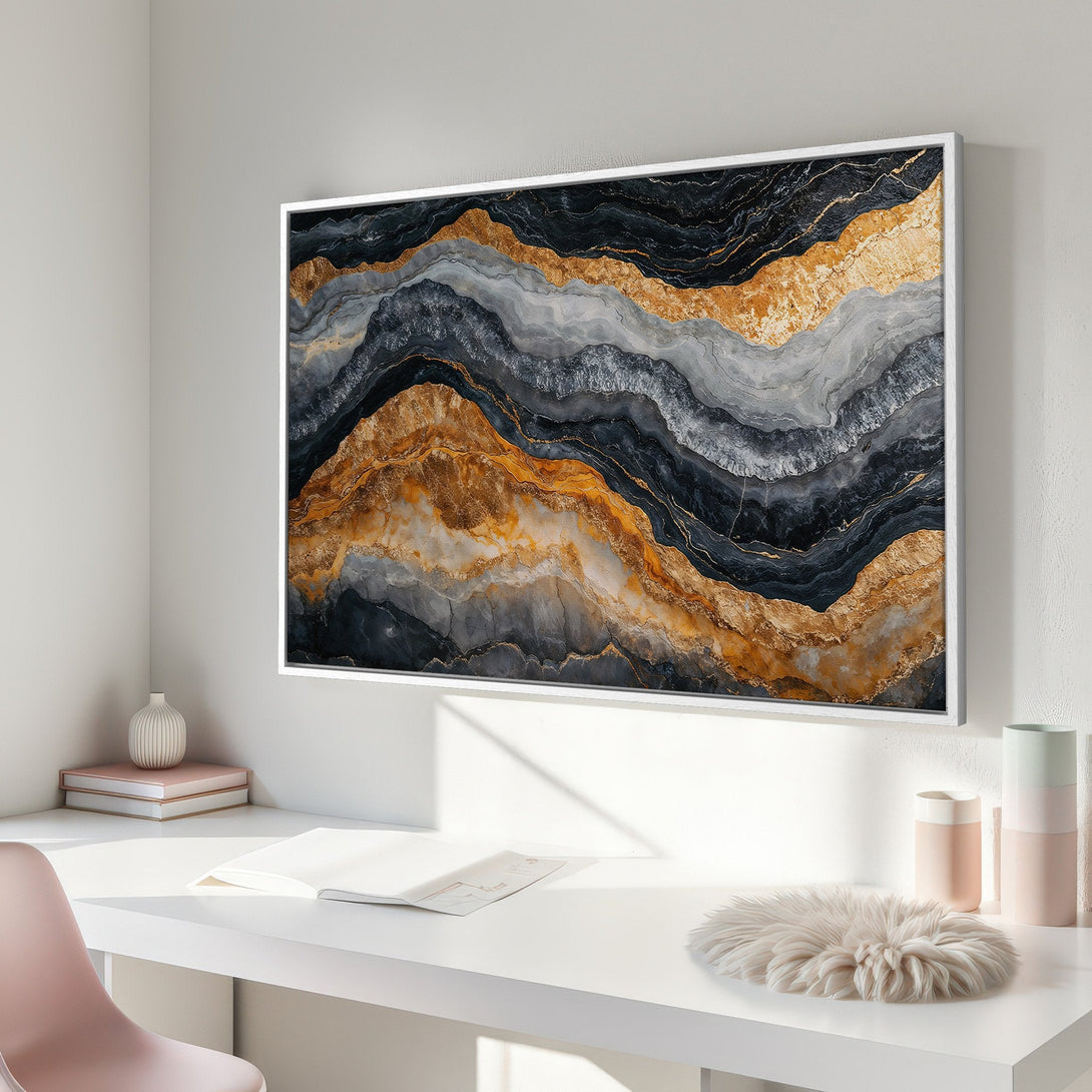 Framed Wall Art: Abstract agate design in black, gold, and gray. Modern canvas print adds luxury to any interior. Shop now!