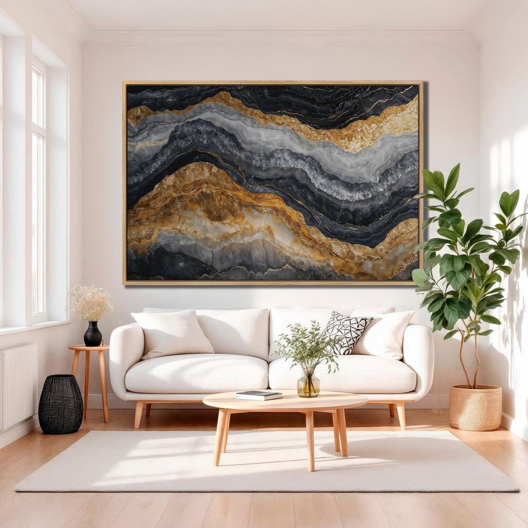 Framed Wall Art: Abstract gold, black, and gray canvas print. Modern art for living room decor. Enhance your space with this stunning piece!