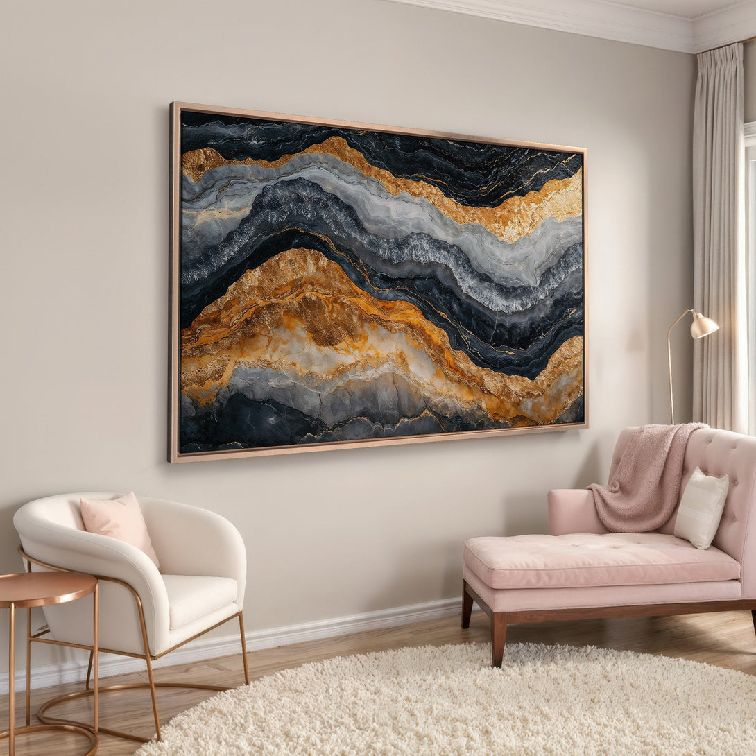 Framed Wall Art: Abstract gold, black, and gray canvas print. Modern art for home decor. Enhance your space with this stunning piece!