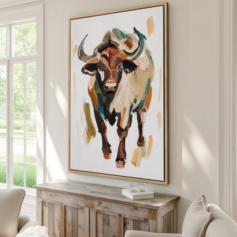 Framed Wall Art: Abstract buffalo painting in warm earth tones. Add a touch of modern rustic style to your home with this stunning canvas print!