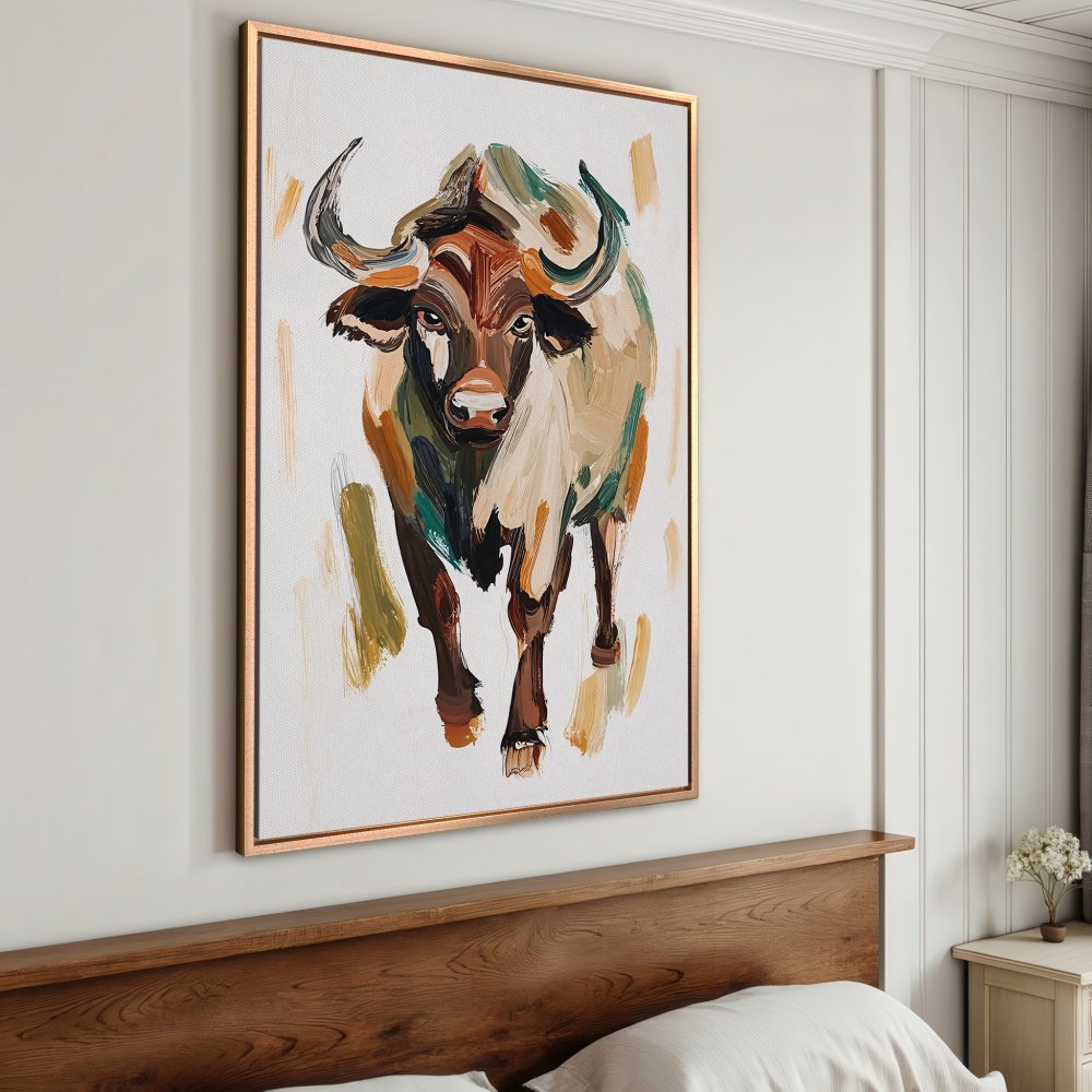 Framed Wall Art: Abstract buffalo painting in earthy tones. Add rustic charm to your home with this stylish Canvas Print!