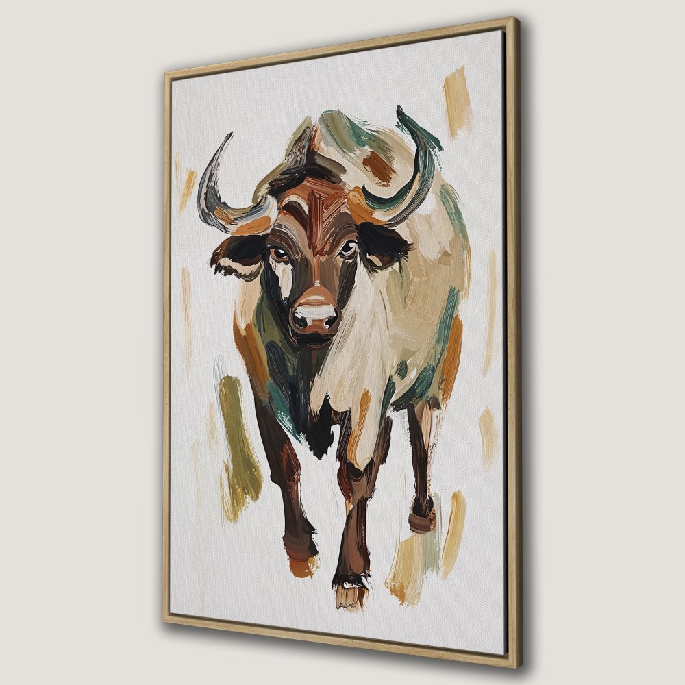 Framed Wall Art: Abstract buffalo painting in earthy tones. Add a touch of nature with this stylish canvas print!