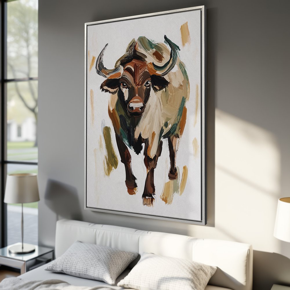 Framed Wall Art: Abstract bull painting in neutral tones. Modern canvas print adds a touch of rustic elegance to any room. Shop now!