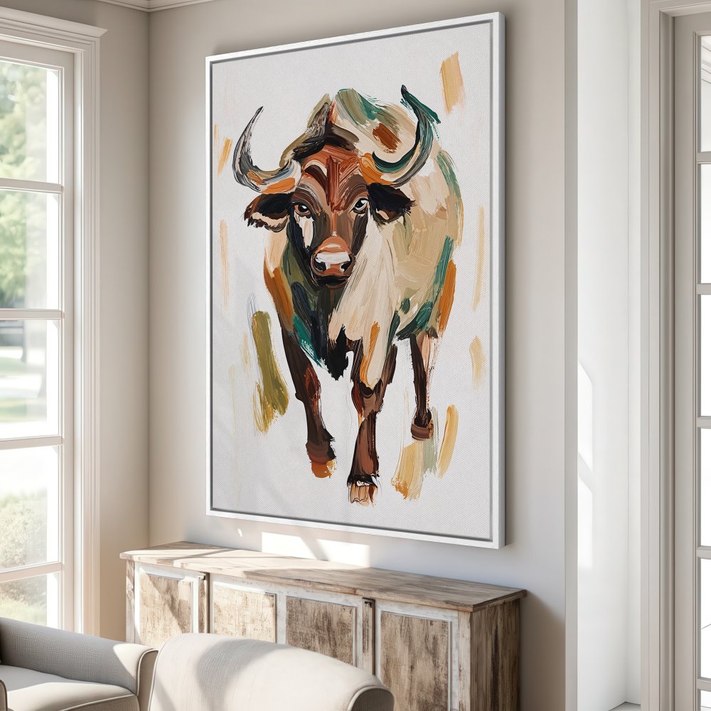 Canvas Print featuring an abstract buffalo painting in warm earth tones. Add artistic flair to your space with this stylish wall art.