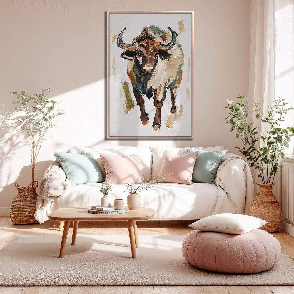 Framed Wall Art: Abstract bull painting in neutral tones. Perfect for modern home decor. Shop Canvas Prints today!