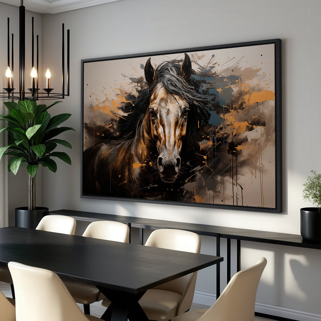 Framed Wall Art: Stunning horse portrait canvas print in a modern style with a warm, neutral & gold color palette. Elevate your dining room decor!