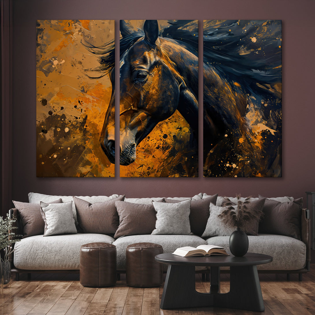 Abstract Canvas Print of a horse in a warm, earthy palette. Modern art for your home, featuring shades of brown, gold, and black.